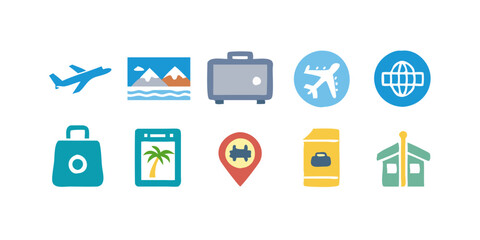 Fototapeta premium Vector collection of tourism and travel icons including airplane, map, suitcase etc