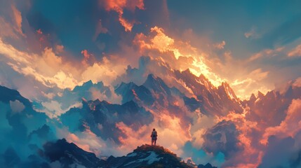A solitary figure stands atop a mountain peak, bathed in the golden light of a vibrant sunset.  Vast, colorful clouds swirl around majestic, snow-capped mountains