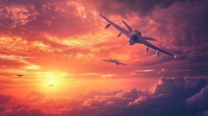Naklejka premium Military jets soar through a fiery sunset. Powerful warplanes against a dramatic fiery sky