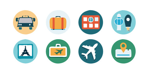 Fototapeta premium Vector collection of tourism and travel icons including airplane, map, suitcase etc