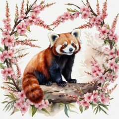 Obraz premium Red Panda Watercolor Illustration with Pink Floral Frame: Vibrant Wildlife Painting and Decorative Art for Animal Lovers