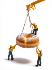 mini construction worker figurines hoisting a giant cream bun donut with a pulley chain.