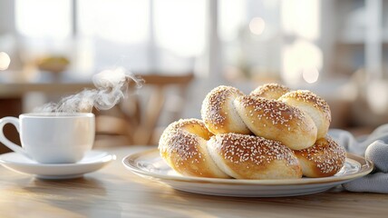 Breakfast Still Life: Sesame Buns and Steaming Coffee breakfast sesame buns braided bread coffee tan