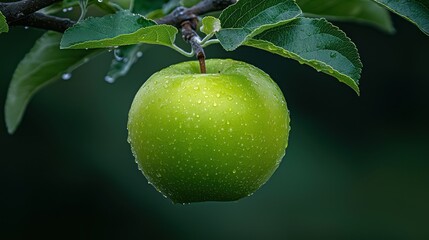 A vibrant green apple hangs from a branch with fresh leaves
