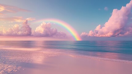 Serene beach scene at sunset with a rainbow. Soft colors and gentle waves on a sandy shore. Pastel hues of pink and blue