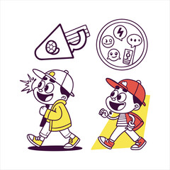 Vector logo design template and graphic elements for advertising, branding, posters and banners, funny cartoon illustrations with smiling character and mascots, abstract stickers and line icons