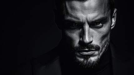 A serious man with a beard gazing intently forward in grayscale