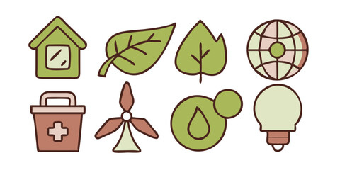 Environmental icons collection with green energy elements like recycling, plant leaves, wind turbine, water conservation, sustainable living and renewable energy flat illustrations.

