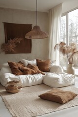 Stylish Japandi-inspired minimalist living room with earth-toned pillows and natural decor