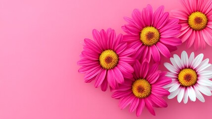 Fototapeta premium Pink and White Daisy Flowers on Pink Background - Five bright daisies, three pink and two white, arranged on a pink background. Perfect for spring or summer themes