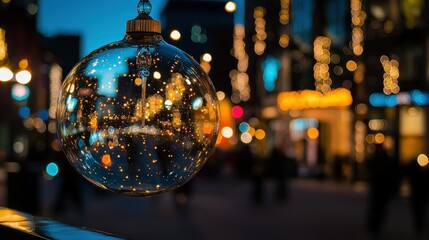 A transparent ornament reflecting the city lights at dusk