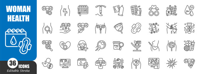 Woman health and female reproductive system . Medical outline icon . Editable stroke . Vector .