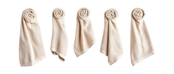 Set of Soft Beige Towels in Five Different Poses on Transparent Background for Bathroom Decor, Home Styling, or Textile Mockups