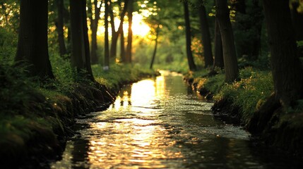 Fototapeta premium A peaceful river flows through a forest at sunset