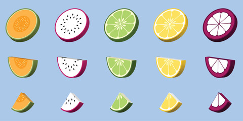 Collection Of Fresh Fruit Slices Melon Dragon Fruit Lime Lemon Mangosteen