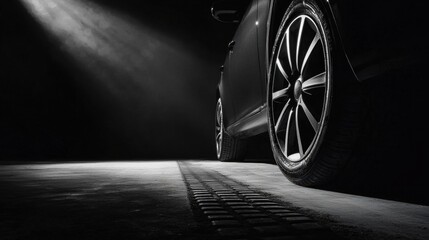 Black and white photograph of a car parked in a dimly lit garage. the car is facing towards the right side of the image, with the front wheel of the car visible in the foreground.