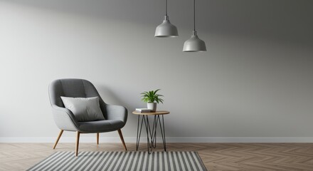 Modern living room interior with gray chair and plant on side table