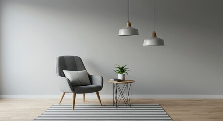 Interior scene with gray armchair, side table, plant, and pendant lights