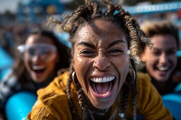 Friends enjoying an inflatable obstacle course competition in the park while laughing