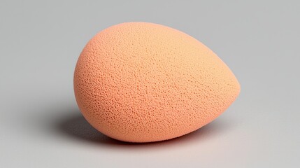 An egg shaped makeup sponge rests on a neutral grey surface