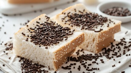 Chocolate sprinkled bread slices closeup