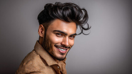 An engaging representation of charming man smiling in stylish fashion shoot, ideal for creative, commercial, or editorial purposes.