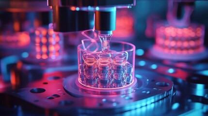 Advanced 3D printing process in a lab setting.  Precision manufacturing of tiny components.  Illuminated components