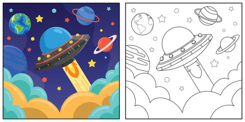 Ufo in space. Black and white vector illustration for coloring book.