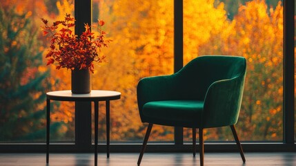 Fototapeta premium A modern room with fall foliage viewed through window