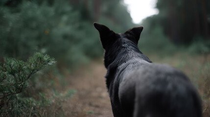 Fototapeta premium Black dog leading way through dense forest path