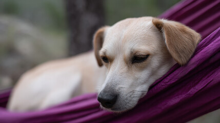 Relaxed dog napping in purple hammock outdoors