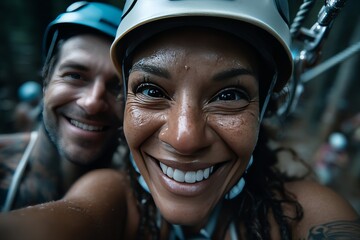 Fototapeta premium Friends enjoying a thrilling ziplining adventure through a beautiful forest
