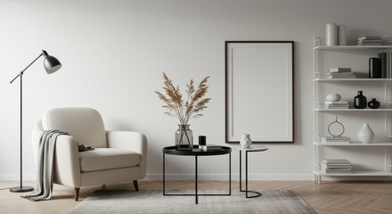 Living room interior with armchair, lamp, and blank framed poster on wall