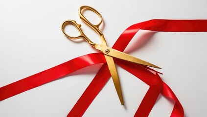 Gold scissors cutting through a vibrant red ribbon against a clean white backdrop, perfect for celebration themes and announcements.