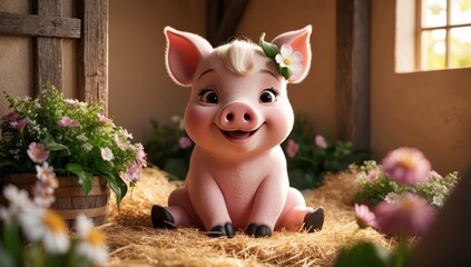Cute animated pig character with a flower in a cozy barn setting during daytime