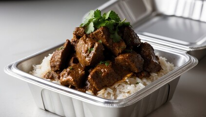 Beef curry with rice and coriander garnish served in takeaway box