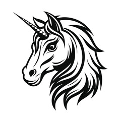Elegant Unicorn Head Silhouette, Monochrome Stallion with Horn, Mystical Creature Design