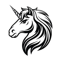 Stylized Black and White Unicorn Head with Intricate Mane, Horn Design on White