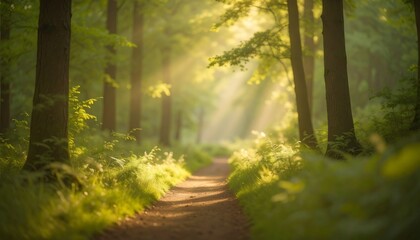 Obraz premium Sunbeams Illuminating Forest Path