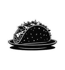Single Delicious Taco on a Plate Black and White Illustration
