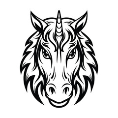 Unicorn Head Front View with Bold Black Outline Isolated on a White Background