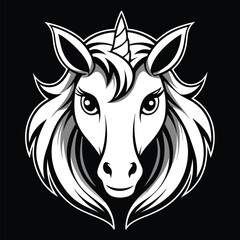 Unicorn Head Illustration, Black and White, Detailed Mane, Horn, Elegant, Isolated
