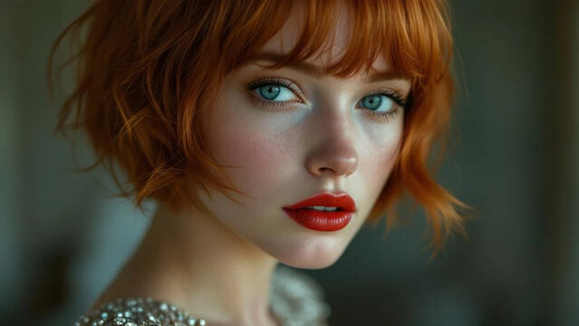 Beautiful gingerhead woman with red lips. Close up. 