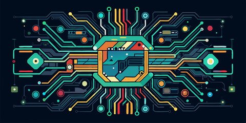 Obraz premium Futuristic circuit board pattern glowing with blue neon lights, modern technology background for innovation, AI systems, and tech industry design concepts.