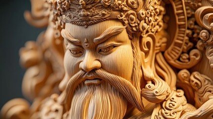 Obraz premium Detailed close-up of a carved wooden deity, intricate facial features, elaborate headdress, and ornate details