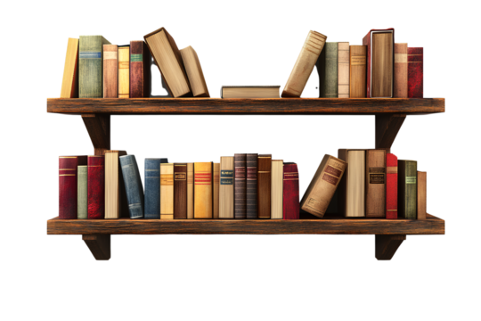 A wooden bookshelf with books on it, in a 3D icon style, with a transparent background