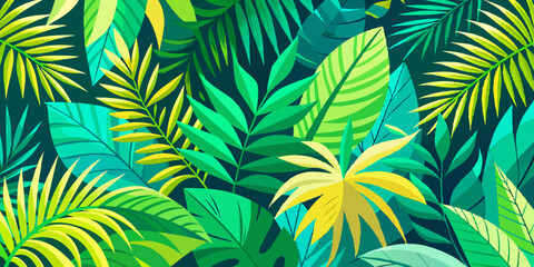 Overlapping tropical palm leaves in vibrant green hues. Lush jungle leaf background perfect for summer, vacation, and tropical themes.

