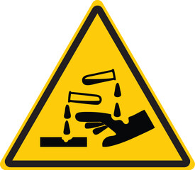 warning sign with corrosive substance symbol showing liquid damaging a hand and material