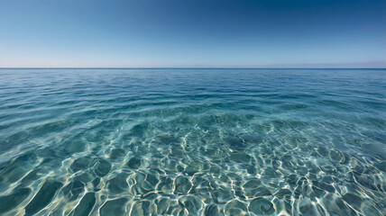 Obraz premium The calm expanse of blue sea meets the bright blue sky on the distant horizon.