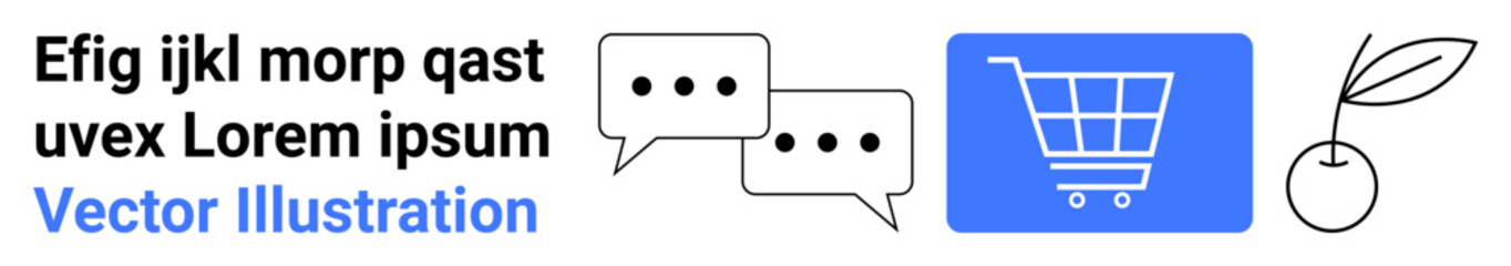 Shopping cart icon, chat bubbles, text element, and minimalistic organic product illustration. Ideal for online shopping, communication, UIUX, marketing, branding eco-friendly themes and simple